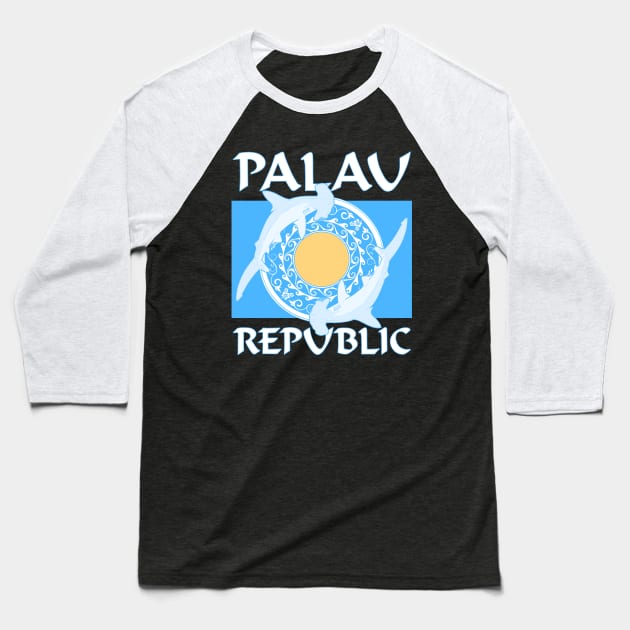 Palau Republic Flag with Hammerhead sharks Baseball T-Shirt by NicGrayTees